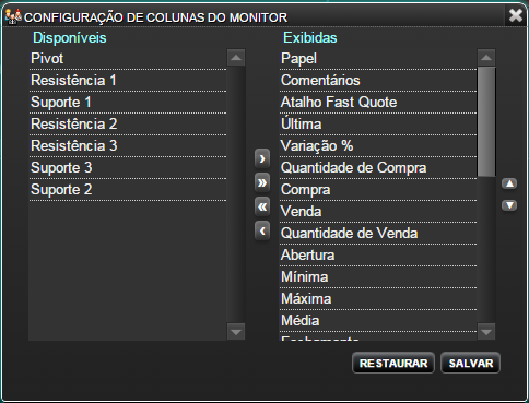 Interface de configuração de colunas