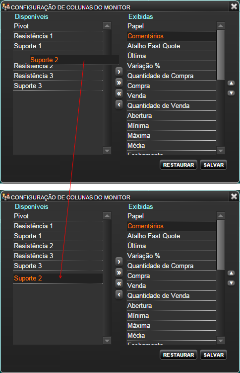 Interface de configuração de colunas