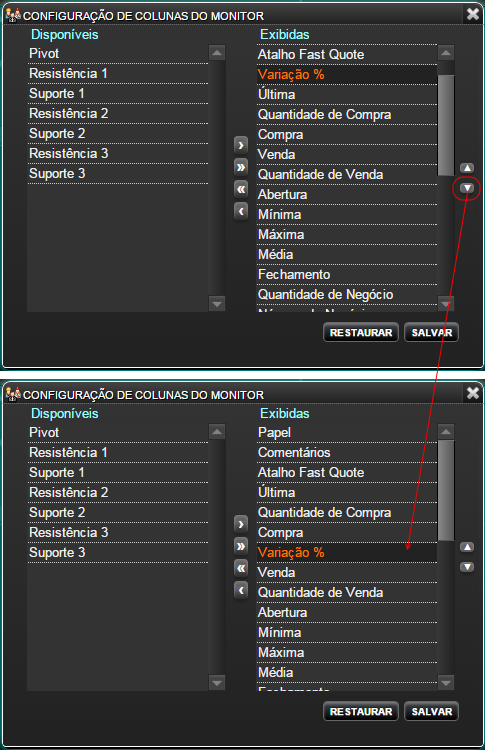 Alteração da ordem das colunas por scroll