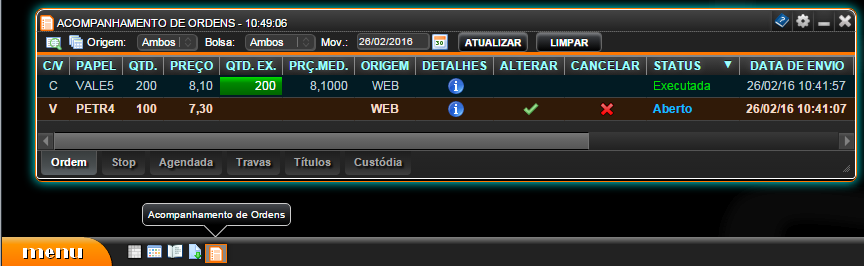 Tela de ordens com barra de título com tamanho alterado em destaque.