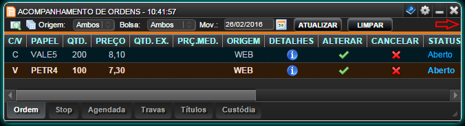 Janela acompanhamento de ordem antes do dimensionamento.