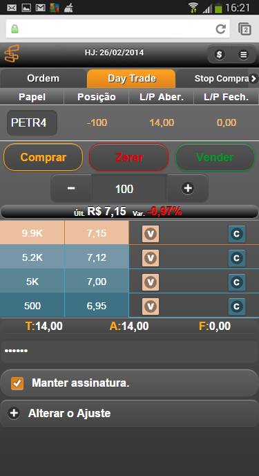 Interface HomeBroker Mobile - Boleta Day Trade