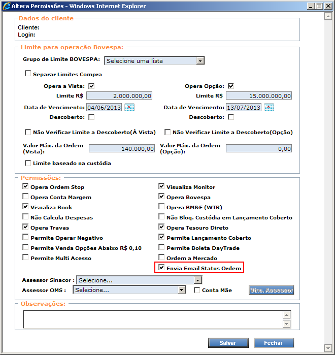 Tela de Limite com permissão para desabilitação do envio de e-mail para o cliente destacada.