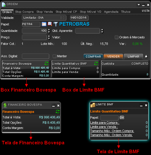 Tela exibindo o box de financeiro Bovespa, box de limite BMF, tela de financeiro Bovespa e tela de limite BMF.