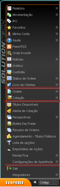 Tela exibindo o menu do homebroker com os separadores em destaque.