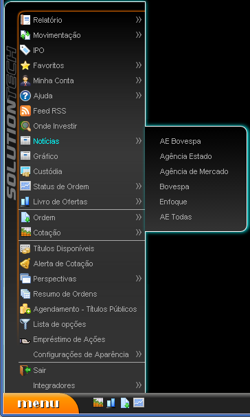Tela exibindo o item menu do homebroker notícias com os feeds disponíveis destacados.