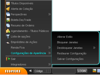 Tela do menu exibindo atalhos disponíveis.