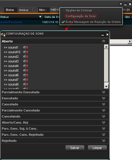 Imagem do menu do monitor de cotações com a opção 'Configuração de Sons' e a tela que é exibida quando essa opção é clicada.