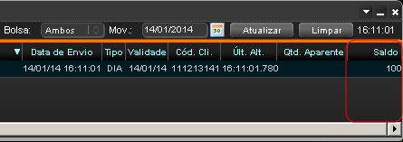 Tela de status de ordem com o campo saldo ativado.