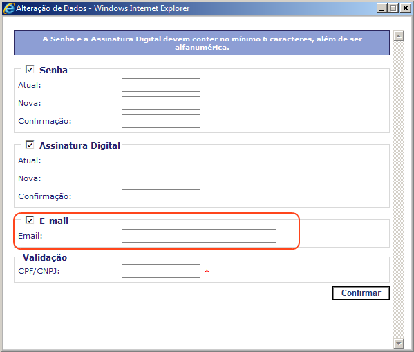 Tela de alteração de dados com campo para alteração de e-mail em destaque.