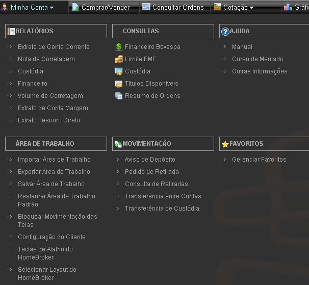 Menu horizontal extraído da tela principal do homebroker.