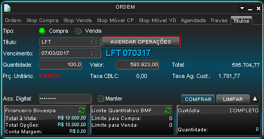 Boleta de títulos com atalho de agendamento de operações de Tesouro Direto em destaque.