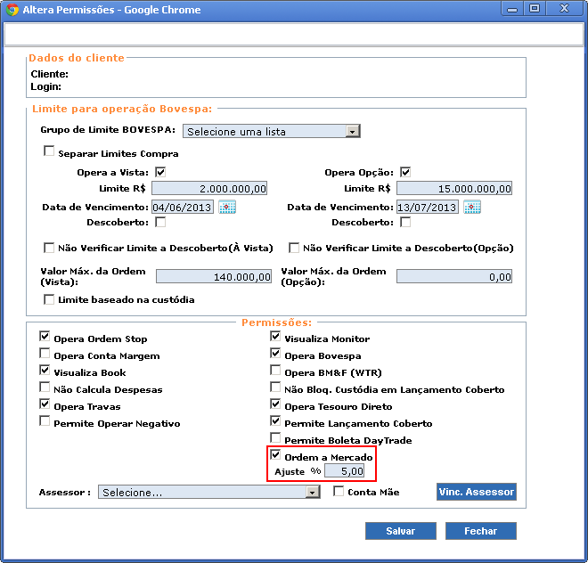 Tela de configuração do AdmHB com o recurso de ordem a mercado ativado e um valor de ajuste em destaque.