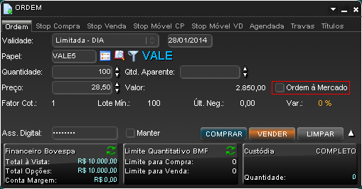 Boleta de ordens com recurso de ordem a mercado em destaque.