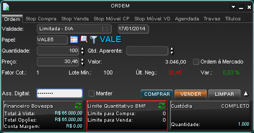 Boleta de ordem com caixa contendo limite quantitativo de BMF.