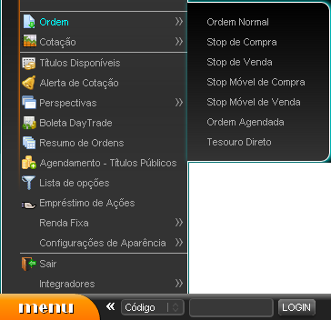 Trecho do menu com os atalhos das abas da janela de ordens destacados.