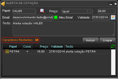Tela de alerta de cotação com destaque para o contador de caracteres.