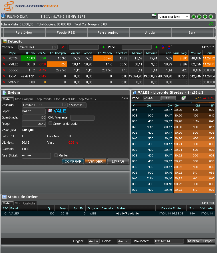 Tela simplificada do homebroker
