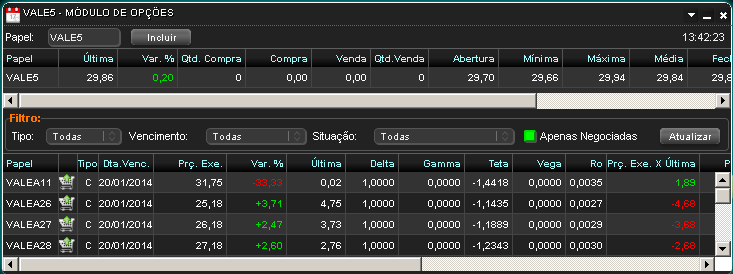 Tela do módulo de opções