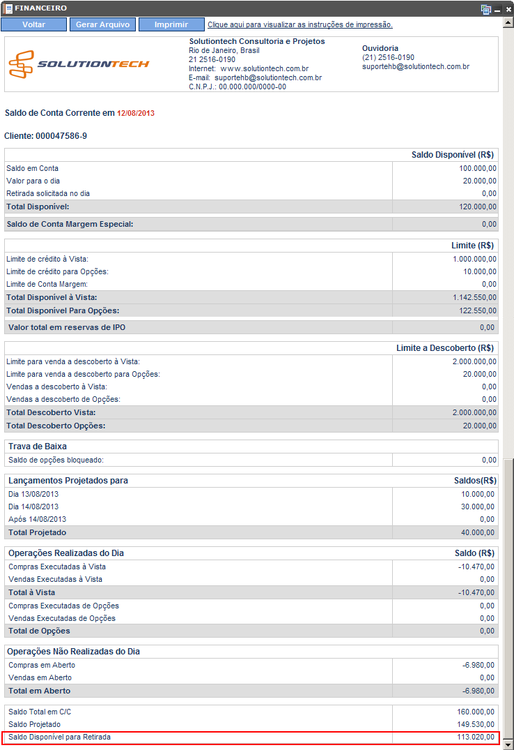 Tela de relatório financeiro com saldo disponível para retirada em destaque.