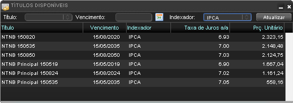 Tela de títulos disponíveis do Tesouro Direto com botão Atualizar
